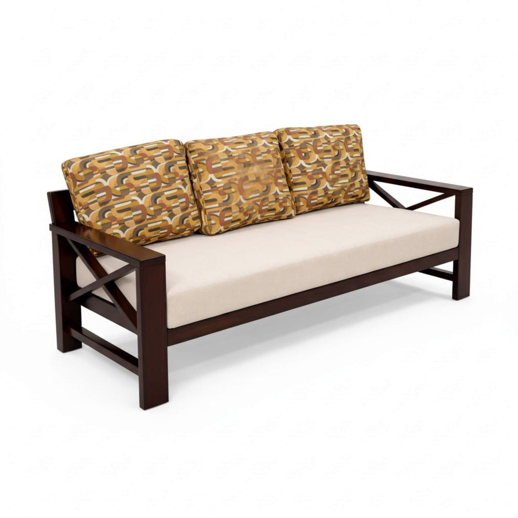 Wooden sofa with beige cushions and patterned backrests on a white background