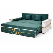 Green sofa bed with white frame and gold accents on a white background