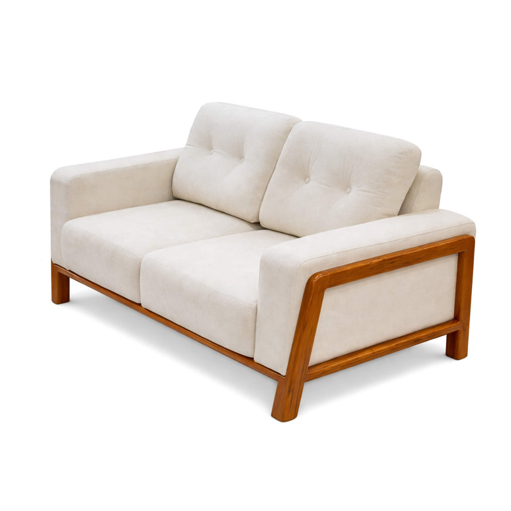 Beige sofa with wooden frame on a white background