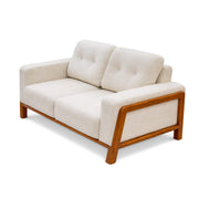 Beige sofa with wooden frame on a white background