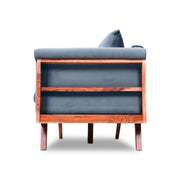 Gray sofa with wooden frame on a white background