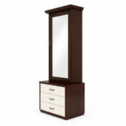Wooden cabinet with mirror and white drawers on a white background