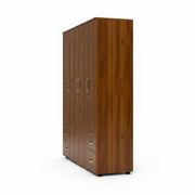 Wooden wardrobe with four doors and drawers on a white background