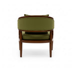 Green armchair with wooden frame on a white background