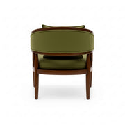 Green armchair with wooden frame on a white background