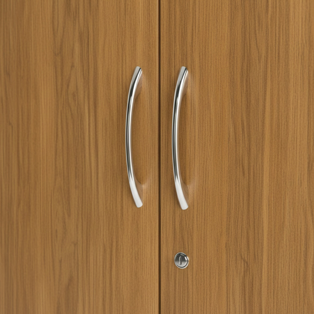 Wooden cabinet doors with silver handles