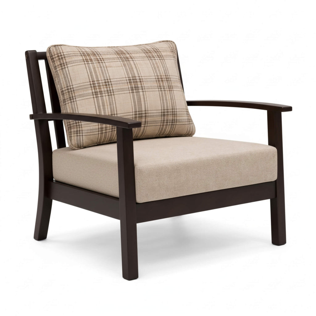 Wooden armchair with plaid cushion on a white background