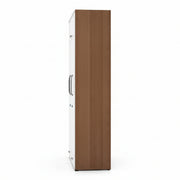 White refrigerator with a brown wooden side panel on a white background