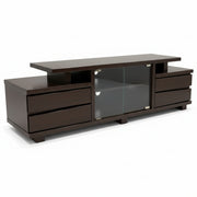 Dark brown TV stand with glass panel on a white background