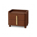 Wooden nightstand with a single drawer and brass handle on a white background