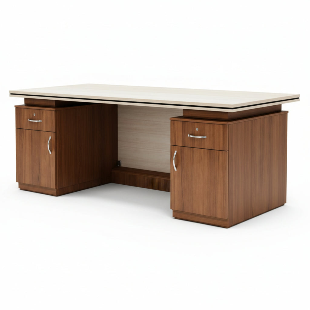 Wooden office desk with a white top on a white background