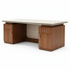 Wooden office desk with a white top on a white background