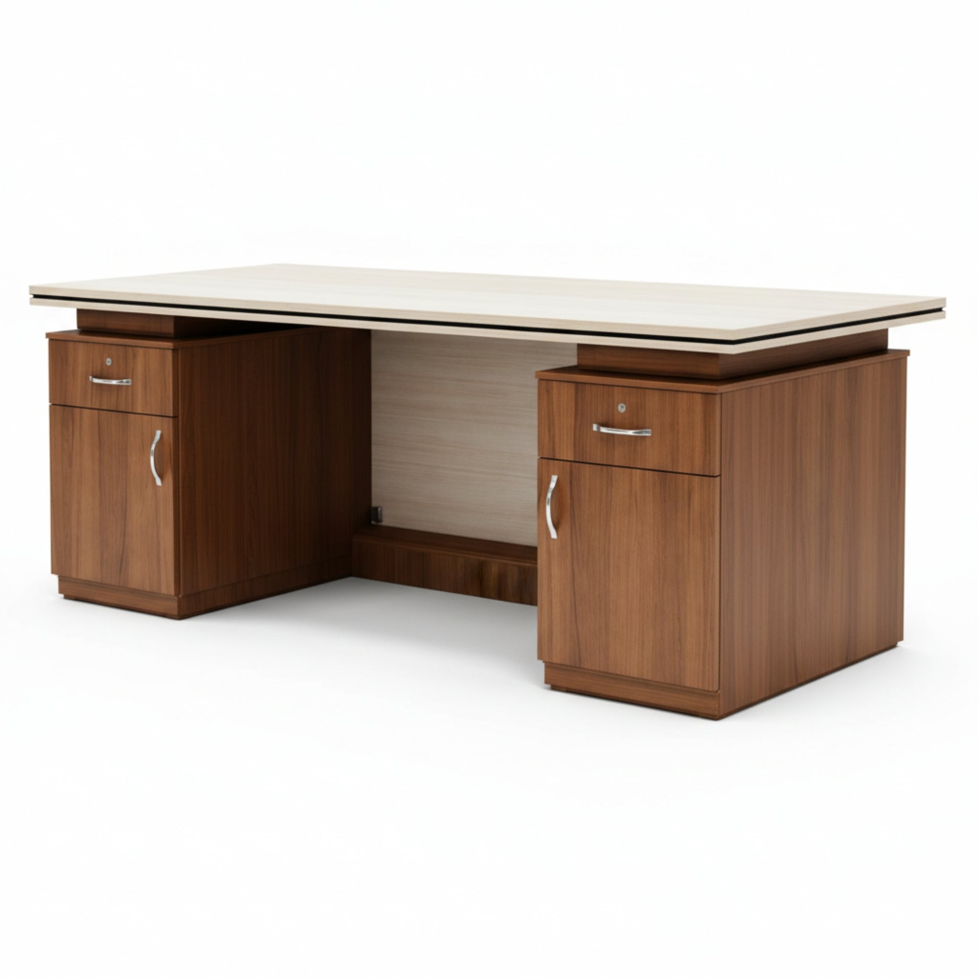 Wooden office desk with a white top on a white background