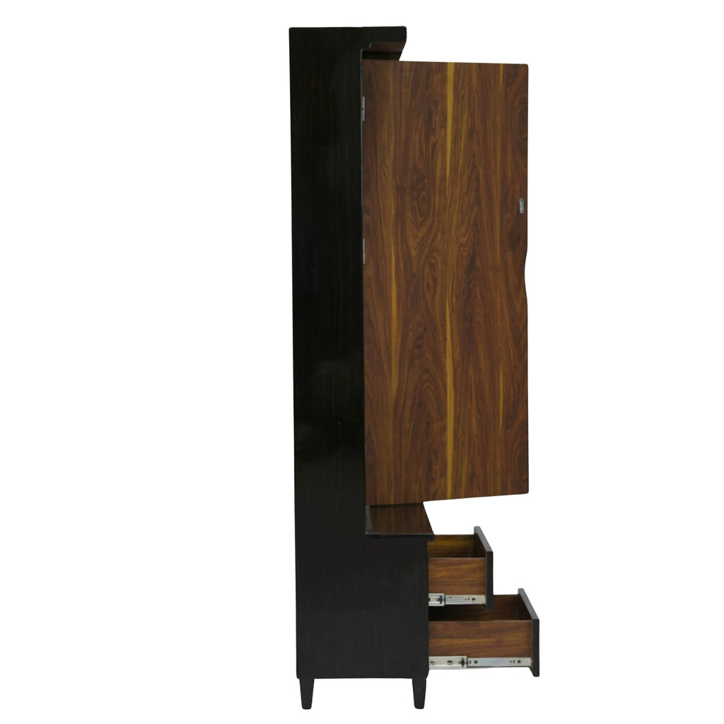 Pacific Dressing Table’s full-length mirror swinging outward also features a warm, wood-grained interior storage compartment alongside extended lower drawers.