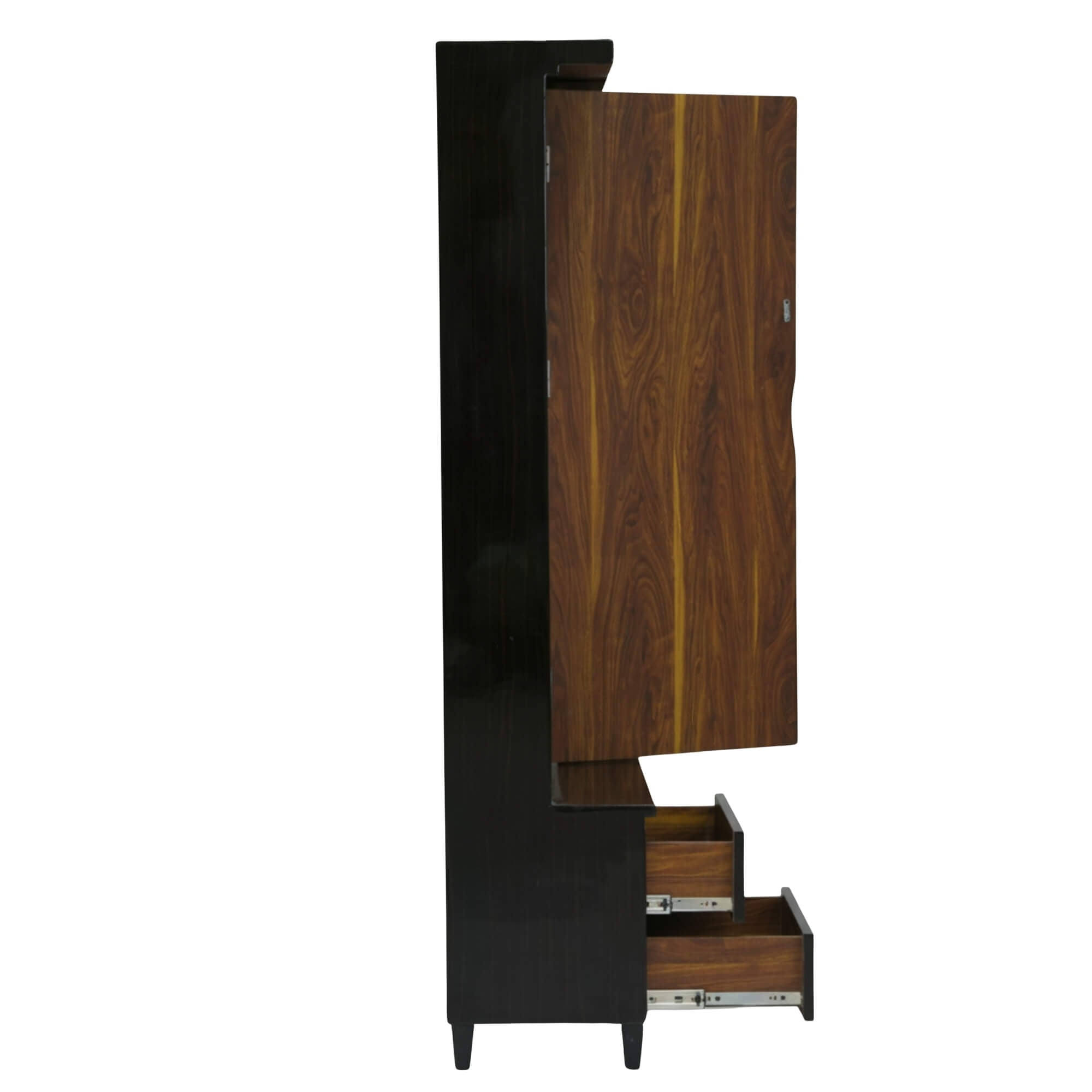 Pacific Dressing Table’s full-length mirror swinging outward also features a warm, wood-grained interior storage compartment alongside extended lower drawers.