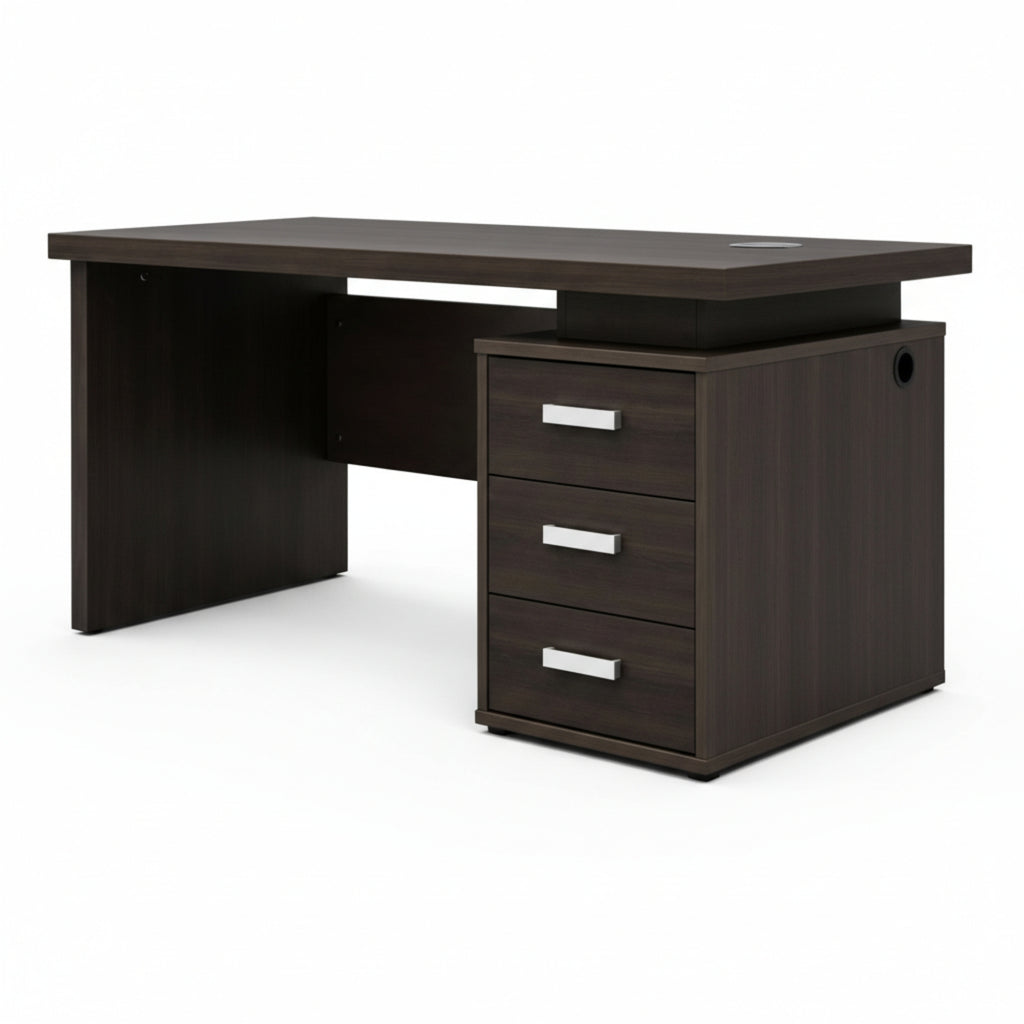 Dark wood office desk with drawers on a white background