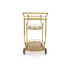 Gold metal serving cart with two shelves on a white background