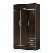 Dark brown wardrobe with three doors and two drawers on a white background