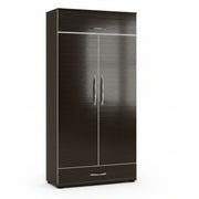 Dark wooden wardrobe with two doors and a drawer on a white background