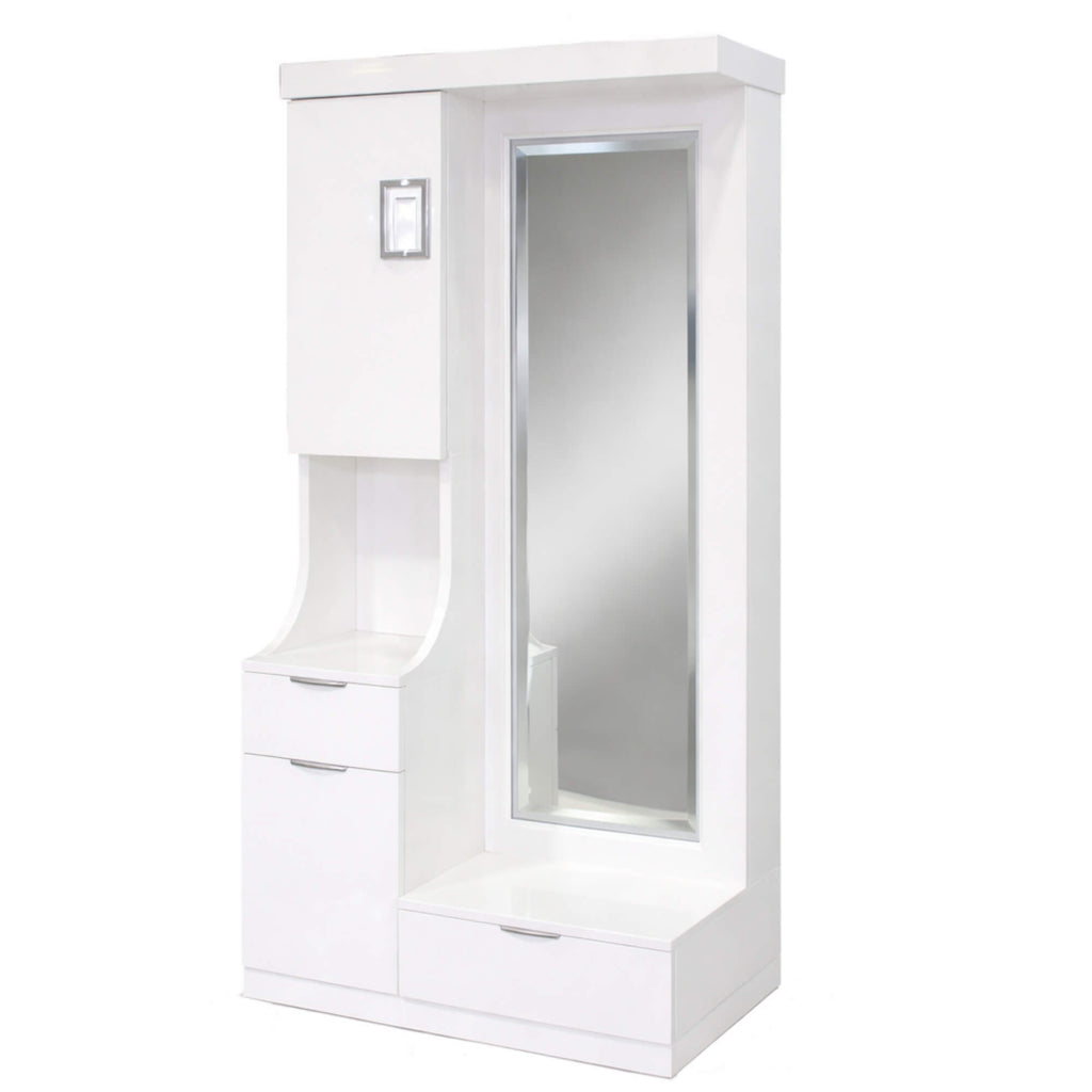 Charm Dressing Table features a pristine white finish of the tabletop and the matching circular frame of the built-in vanity mirror