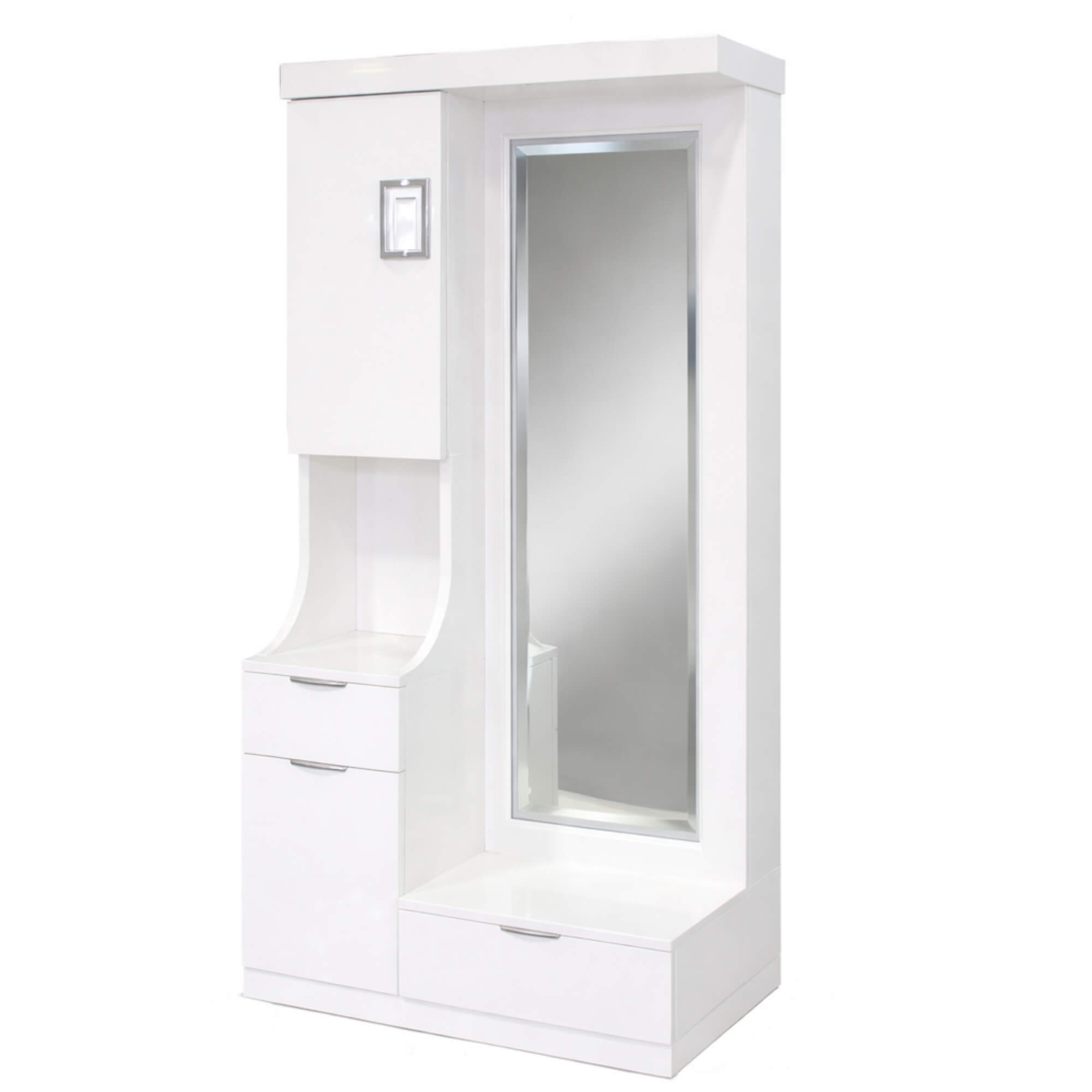 Charm Dressing Table features a pristine white finish of the tabletop and the matching circular frame of the built-in vanity mirror