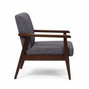 Gray upholstered armchair with wooden arms and legs on a white background