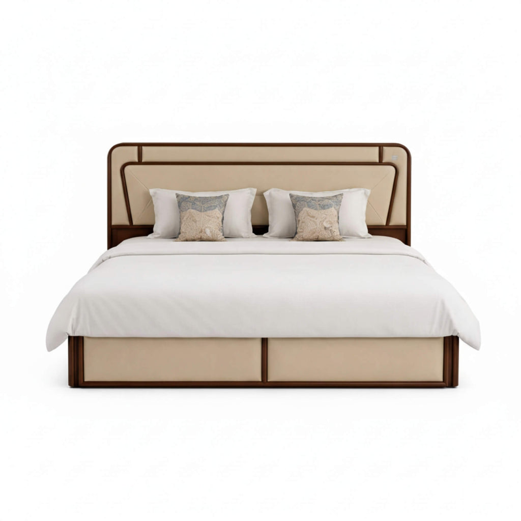 Beige bed with white bedding and decorative pillows on a white background
