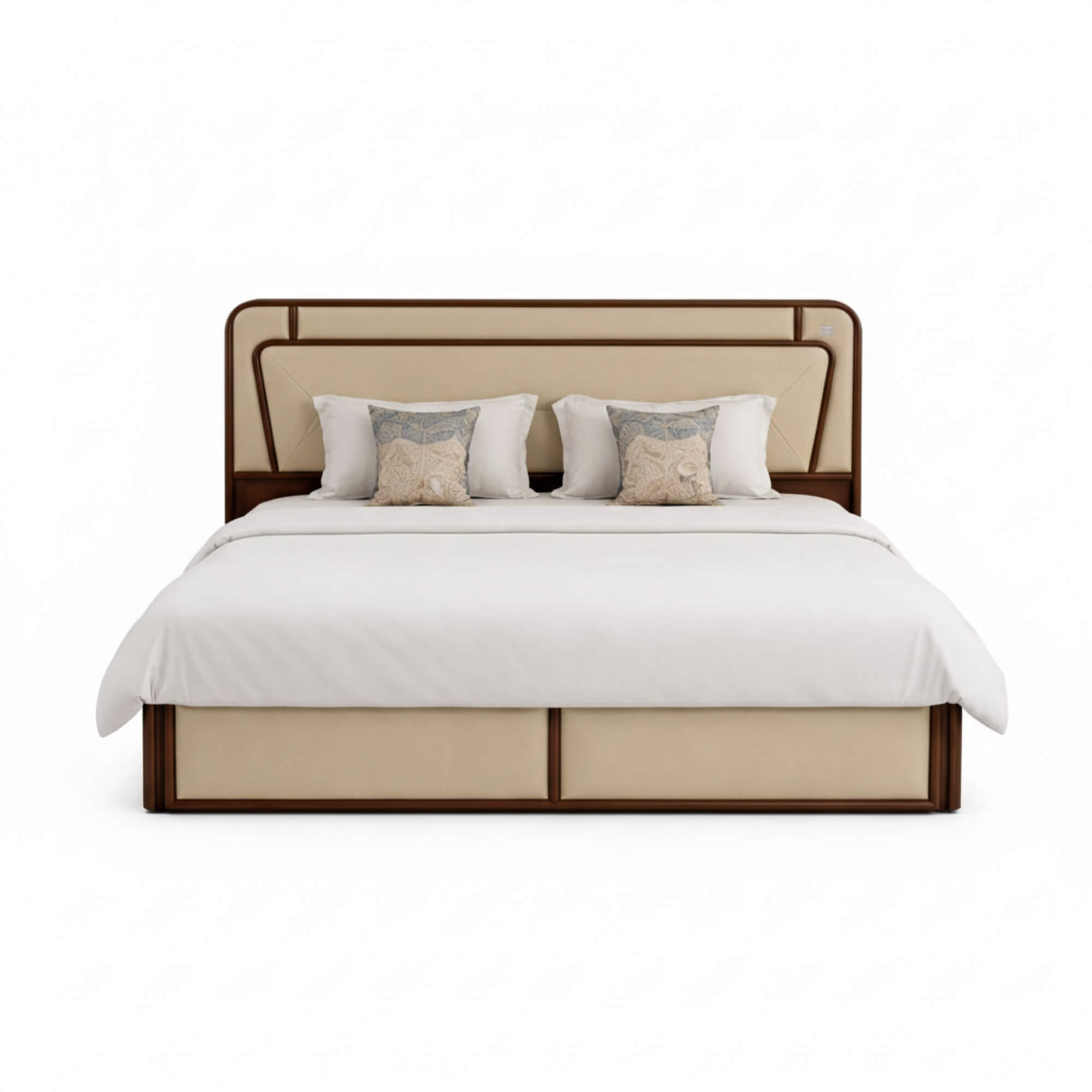 Beige bed with white bedding and decorative pillows on a white background
