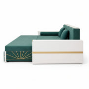 Modern green and white sofa with gold accents on a white background