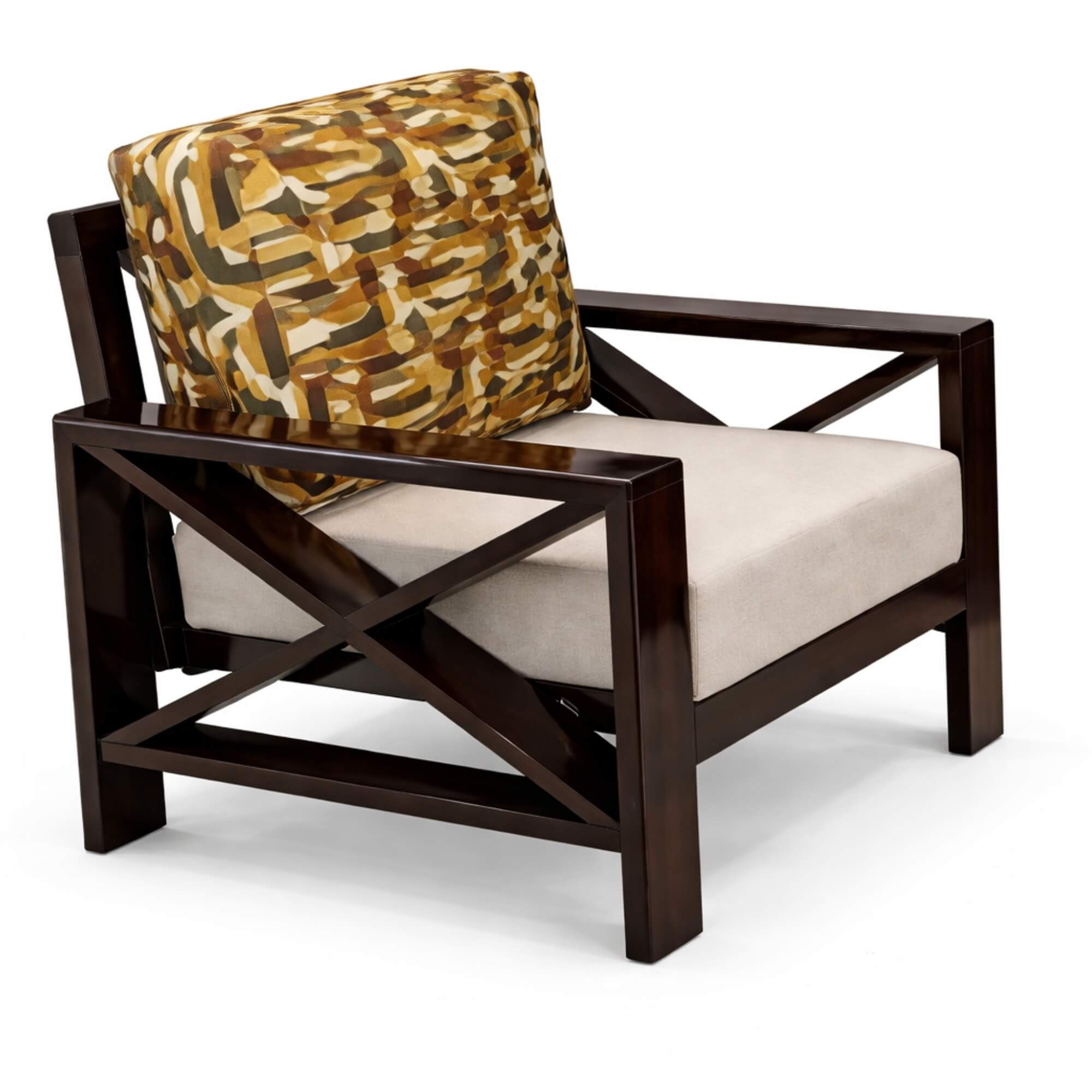 Wooden armchair with a patterned cushion on a white background