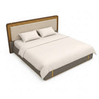 Beige bed with wooden headboard on a white background