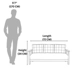 Measurement chart showing a person and a bench with dimensions labeled.
