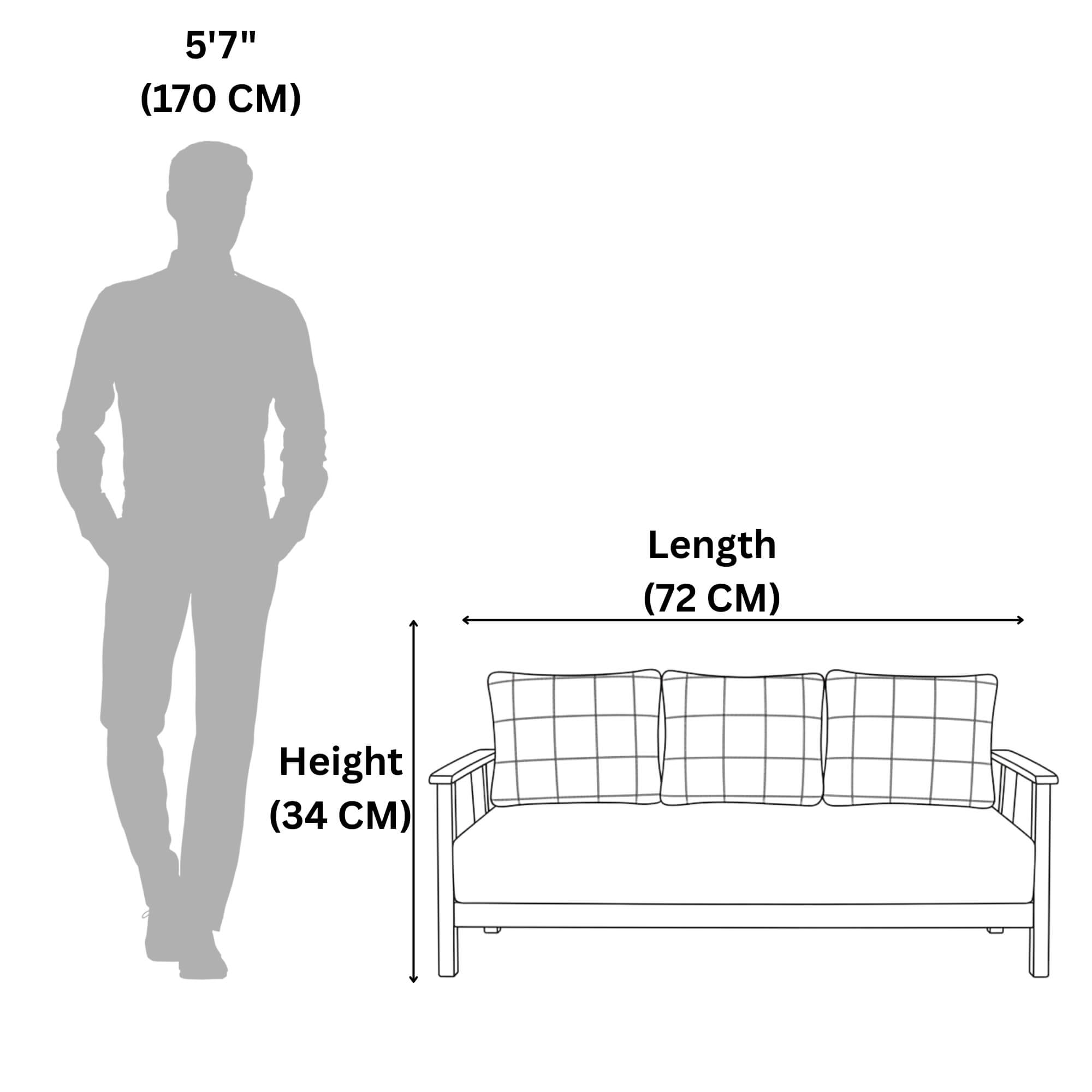 Measurement chart showing a person and a bench with dimensions labeled.