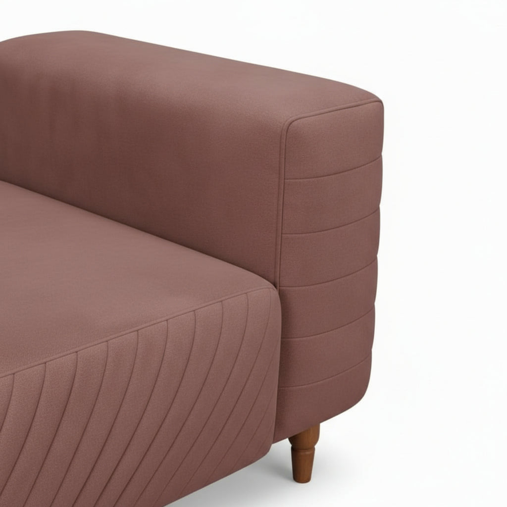 Brown upholstered chair with wooden legs on a white background