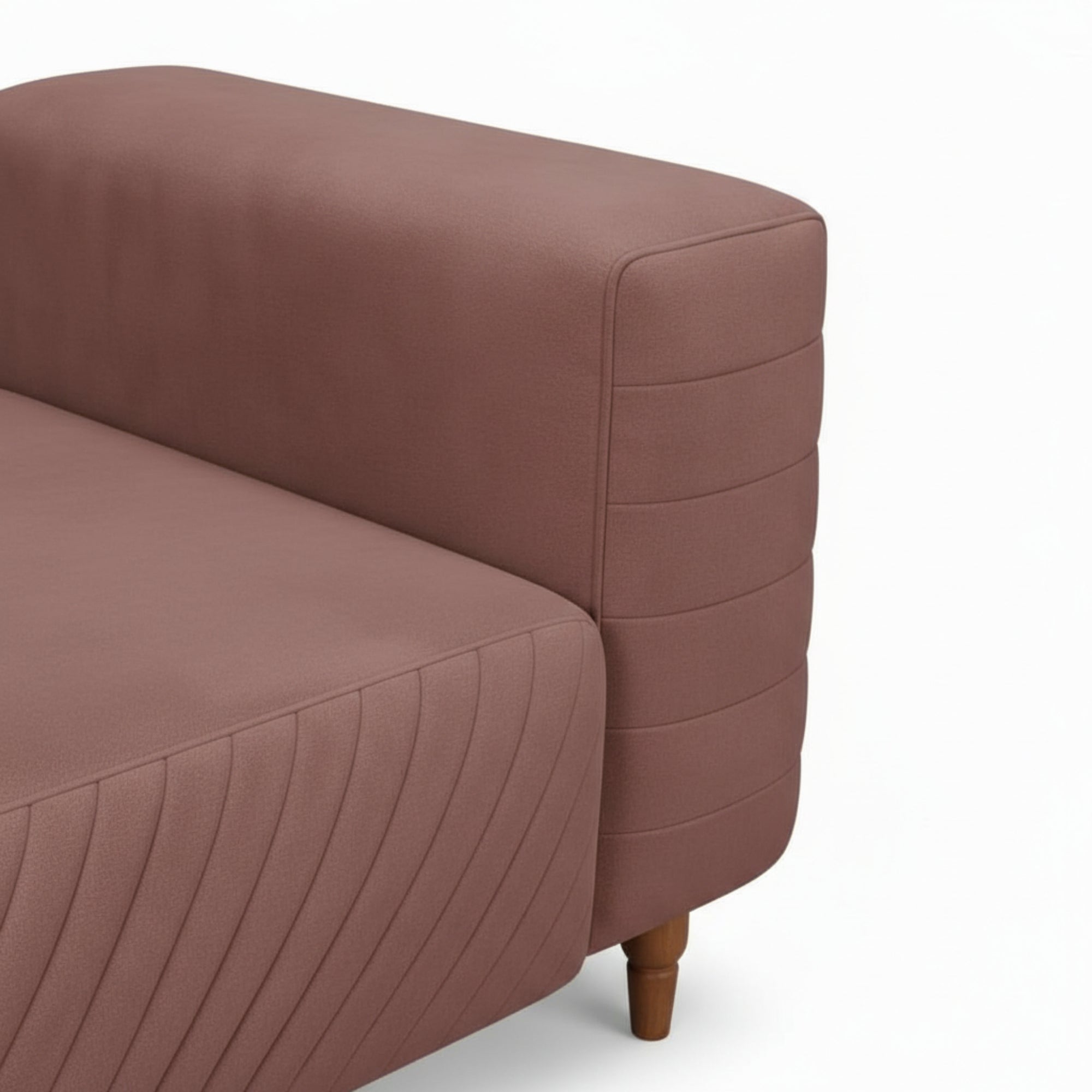 Brown upholstered chair with wooden legs on a white background