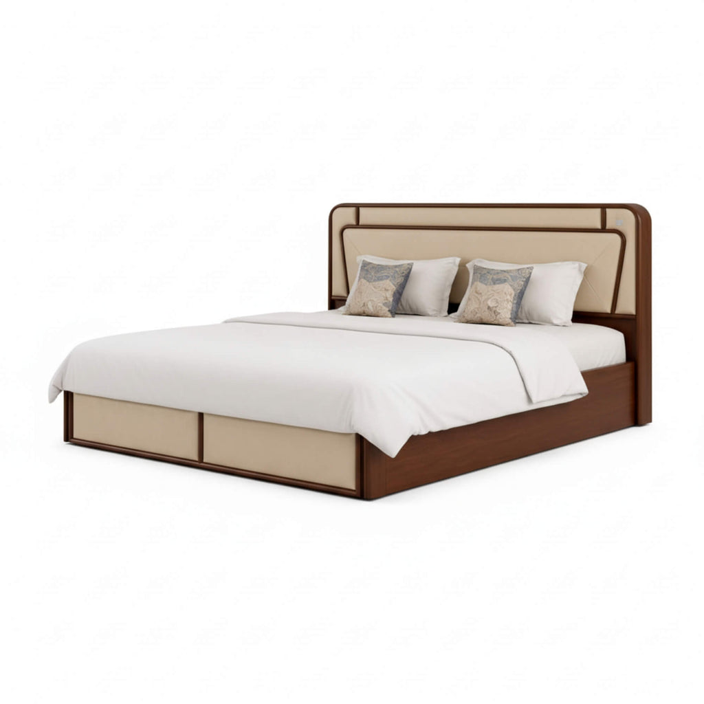 Bed with wooden frame and beige headboard on a white background