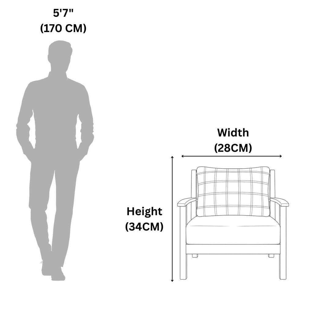 Measurement chart showing a person and chair with dimensions labeled.
