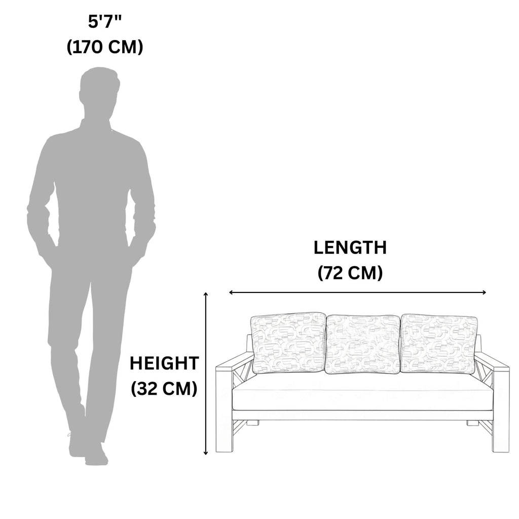 Measurement chart showing a person and a sofa with dimensions labeled.