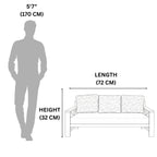 Measurement chart showing a person and a sofa with dimensions labeled.