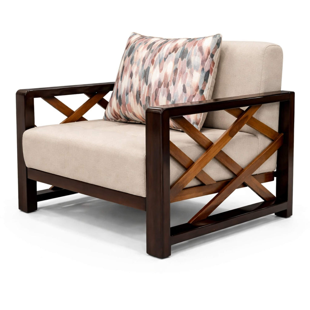 Chair with wooden frame and beige cushion featuring a patterned pillow on a white background
