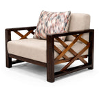 Chair with wooden frame and beige cushion featuring a patterned pillow on a white background