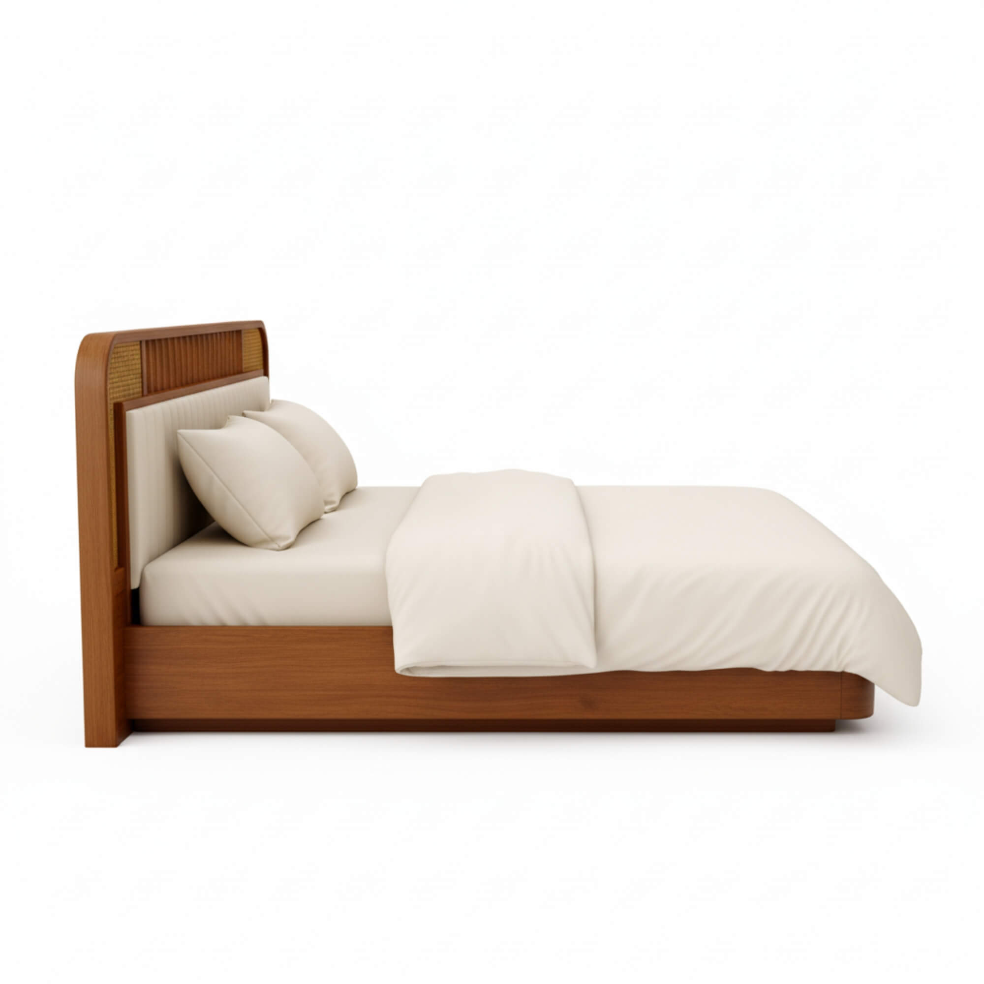 Wooden bed with white bedding on a white background