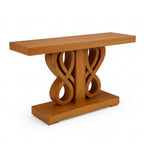 Wooden console table with decorative base on a white background