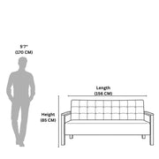 Dimensions of a sofa and a standing person on a white background