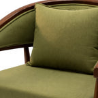 Green cushion on a wooden chair with a white background