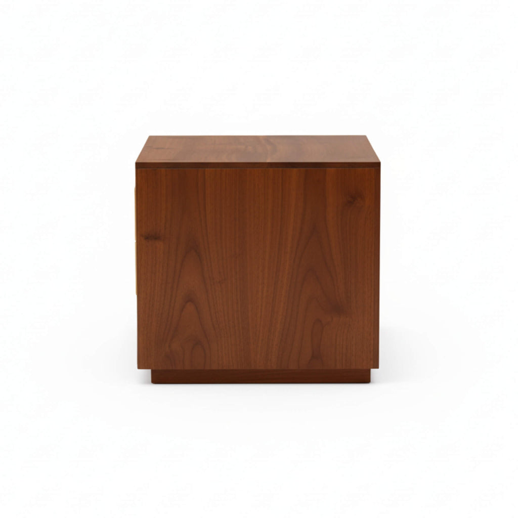 Wooden cube-shaped side table on a white background