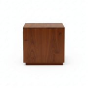 Wooden cube-shaped side table on a white background