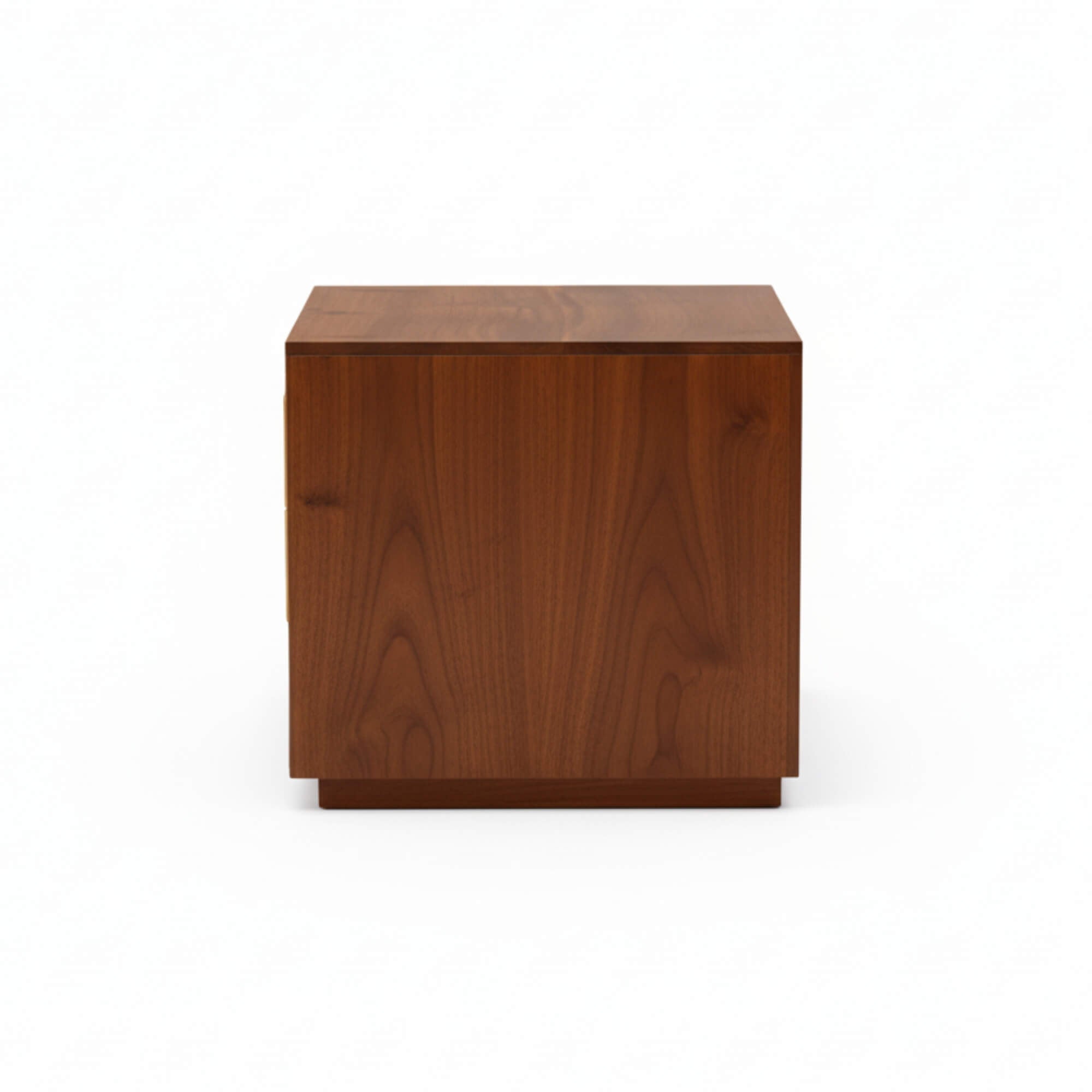 Wooden cube-shaped side table on a white background