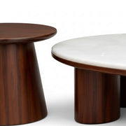 Two wooden coffee tables with different finishes on a white background