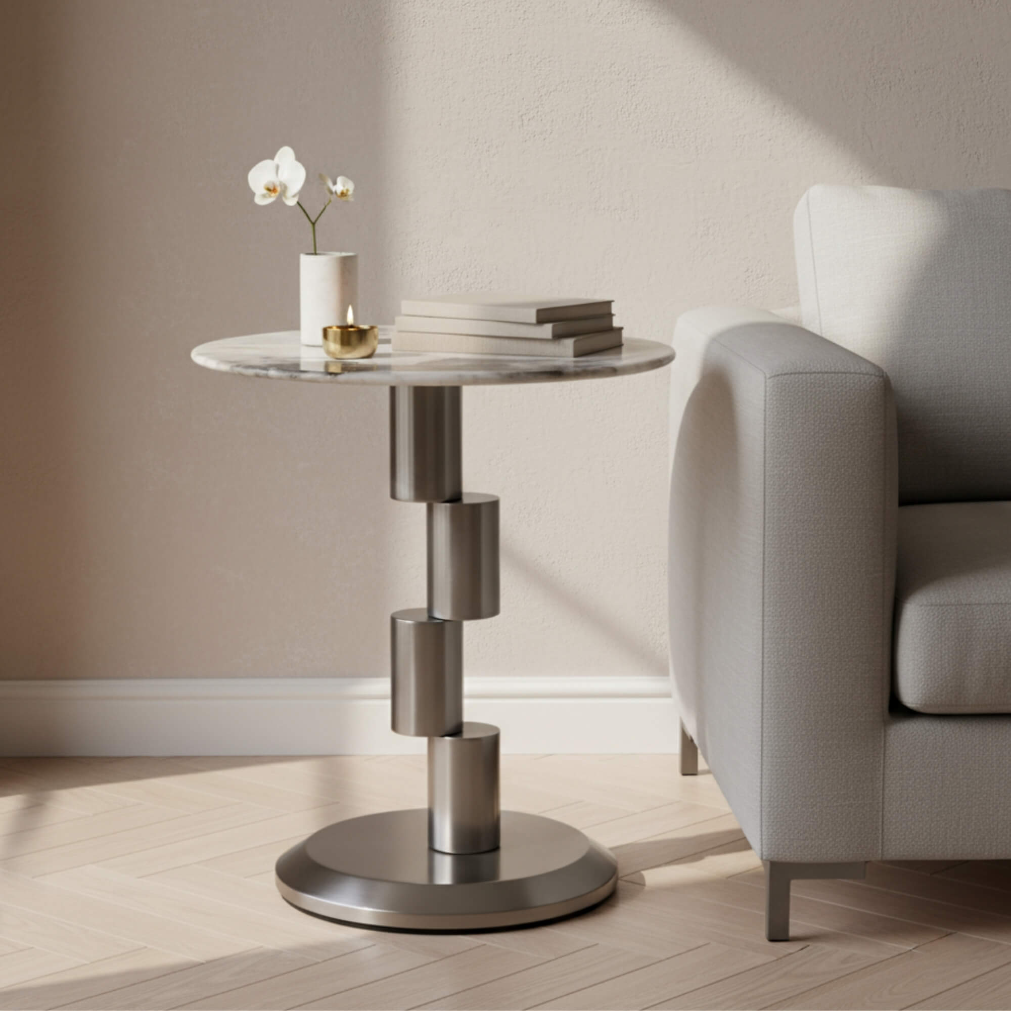 230# End Table  Round Marble-Finish Side Table with Modern Metal Base